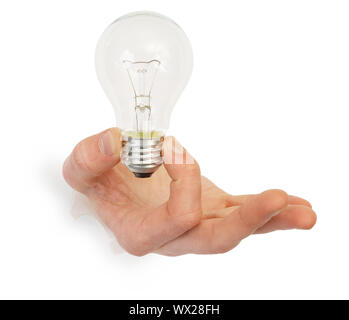 Male hand holding bulb photographed on a white background Stock Photo