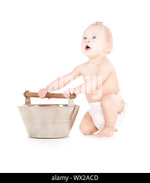 picture of baby boy with wash-tub over white Stock Photo