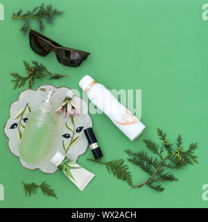 Cosmetics items on a light green background. Stock Photo