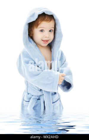 baby boy in blue robe in water Stock Photo