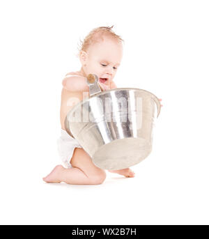 picture of baby boy with wash-tub over white Stock Photo