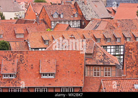 Facing at the red roofs of the medieval city Quedlinburg in Germany Stock Photo