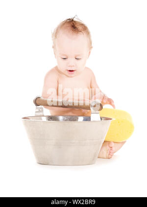 picture of baby boy with wash-tub over white Stock Photo