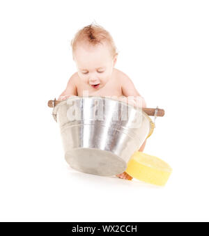 picture of baby boy with wash-tub over white Stock Photo