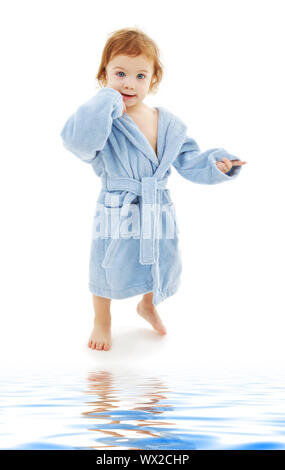 baby boy in blue robe over white Stock Photo