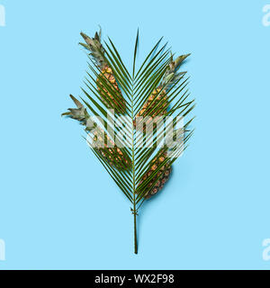 Ripe halves of pineapple and tropical palm leaf on a blue backgr Stock Photo