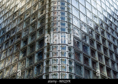 Closeup View Of Glass Blocks. Corner Of The Building Made From Glass Bricks. Wall Of Light Brickwork. Stock Photo