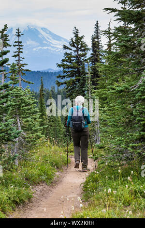 Lady hiker on a trail in the rocky - Hiker On The Pacific Crest Trail In The Goat Rocks Wilderness With Mount Adams Distant Gifford Pinchot National Forest Washington State Usa No Mo Wx2krh 