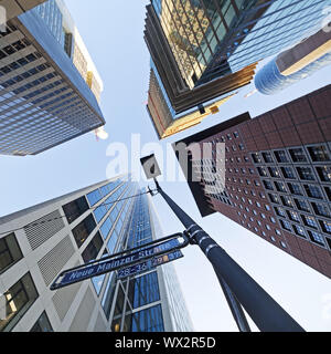 Frog's eye view of skyscrapers in the banking district, Frankfurt am Main, Hesse, Germany, Europe Stock Photo