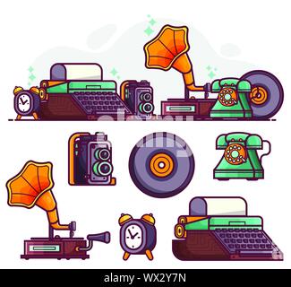 Vintage Things and Objects Line Art Icons Stock Vector