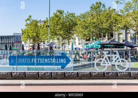 Tilburg Netherlands - September 10, 2019: Sign free bicycle parking in the centre of Tilburg, Brabant in the Netherands Stock Photo