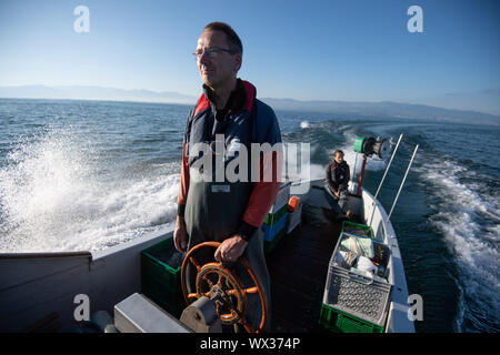 13 September 2019, Baden-Wuerttemberg, Langenaargen: Andreas Revermann is sailing on a research boat on Lake Constance. Scientists from the Fisheries Research Centre of the State of Baden-Württemberg will spend four weeks taking stock of the fish stock in Lake Constance. Photo: Marijan Murat/dpa Stock Photo