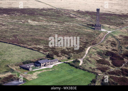 aerial view of Peel Tower & Hill End Farm, Holcombe, Bury, Greater Manchester, UK Stock Photo