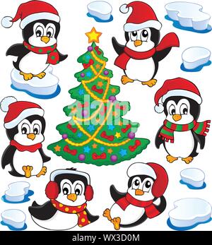Cute penguins in winter clothes. Vector illustration. Cartoon character ...