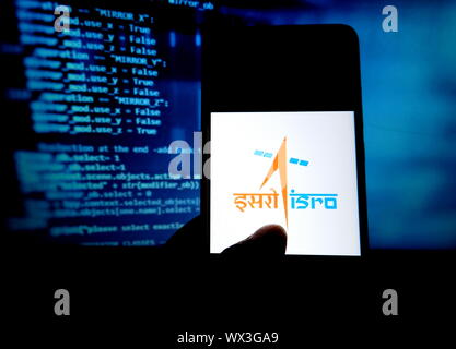 September 16, 2019, India: In this photo illustration the main pace research company in India , Indian Space Research Company (ISRO) logo seen displayed on a smartphone. (Credit Image: © Avishek Das/SOPA Images via ZUMA Wire) Stock Photo