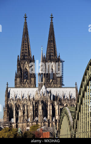 Cologne Cathedral and Hohenzollern Bridge, Cologne, Rhineland, Germany, Europe Stock Photo