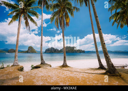 El Nido Beach Paradise: Pinagbuyutan Island with palm trees. Palawan, Philippines Stock Photo