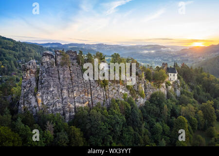 Aerial view of steep rock with ruins of Vranov Castle in Mala Skala, Czechia Stock Photo