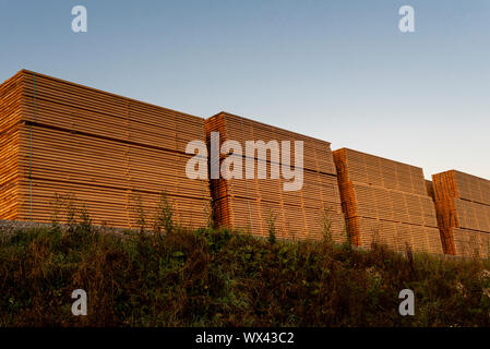 Wood storage outside in nature. Large quantity of lumber planks stacked outdoor Stock Photo