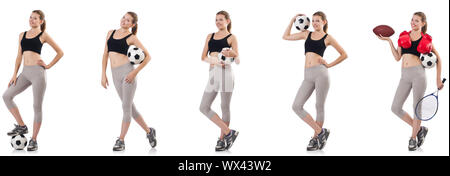 Young woman with football, rugby ball, boxing gloves and tennis Stock Photo