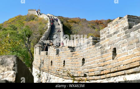 Great Wall of China steep steps and curve section, Mutianyu, China Stock Photo