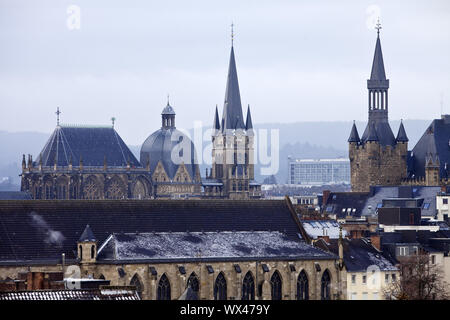 Towers of cathedral and town hall over the roofs of the city, Aachen,Germany, Europe Stock Photo