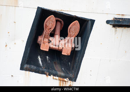 Close up of the ships anchor on the ruin of the Duke of Lancaster ship at Mostyn, North Wales Stock Photo