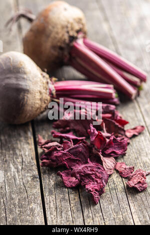 Tasty raw beetroot and dried beetroot. Healthy vegetable. Stock Photo