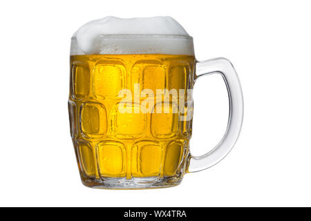 Detailed shot of a beer mug filled with beer against white background. Stock Photo