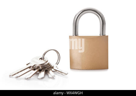 Lock and set of keys. Isolated on white Stock Photo
