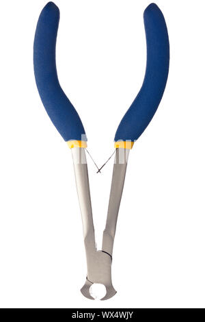 Detailed shot of wire cutter with blue plastic handle isolated on white background. Stock Photo
