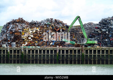 Scrap metal pile in Newhaven, East Sussex, situated next to the Marina and cross-channel ferry terminal. Stock Photo
