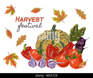 Harvest Festival. Different vegetables and autumn leaves isolated on white background, Flat hand drawing vector Stock Vector