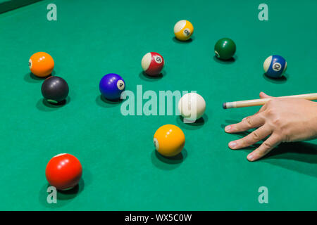 Billiard balls on pool green table Stock Photo