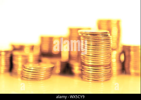 Stack of coins macro. Rows of coins for finance and banking concept. Economy trends background. Stock Photo