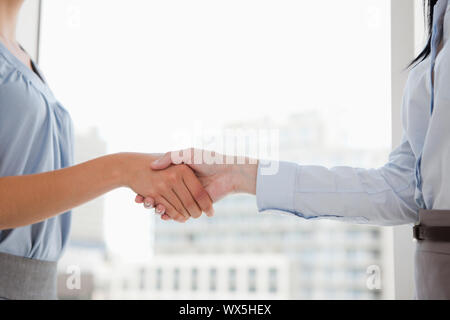 Two women in suits shaking each others hands Stock Photo