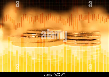 Graph and rows of gold coins for finance and business concept. Trade in precious metals.