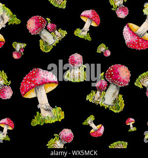 Watercolor pattern of red fly agarics. Stock Photo