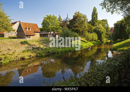 park with river Berkel, farmhouse museum and St Georg church, Vreden, Muensterland, Germany, Europe Stock Photo