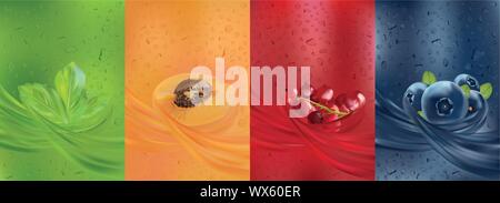 Fruit juice, blueberry, mint, apricot, red currant berry. Fresh fruits and green leaf mint. Splashes with fruit. Summer, nature, drink, cocktail. 3D Stock Vector