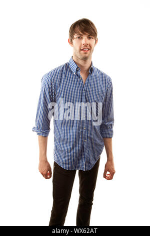 Tall handsome hipster man on white background jumping Stock Photo - Alamy