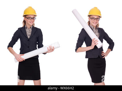 Female architect with blueprint isolated in white Stock Photo