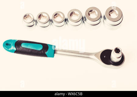 excellent customer experience. multi purpose tool kit. Chrome Vanadium Steel. metallized fix equipment. socket wrench isolated on white background. Iron tools set. Stock Photo