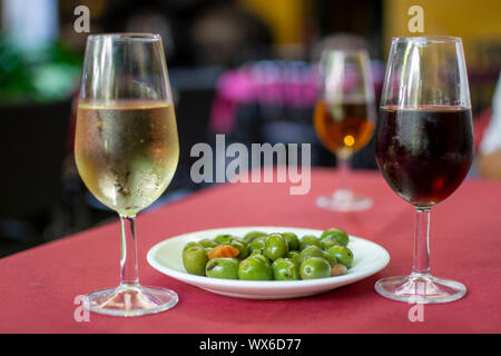 Sherry wine tasting, selection of different jerez fortified wines from dry to sweet and very sweet, Jerez de la Frontera, Andalusia, Spain Stock Photo