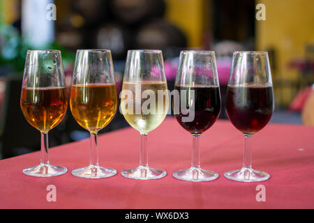 Sherry wine tasting, selection of different jerez fortified wines from dry to sweet and very sweet, Jerez de la Frontera, Andalusia, Spain Stock Photo