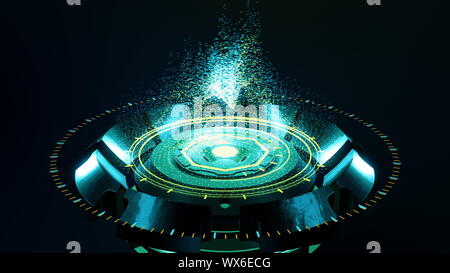 Futuristic holographic heads-up display 3D render. High tech element with abstract computer data. Motion graphics blueprint concept in virtual space. Stock Photo