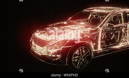 Holographic animation of 3D wireframe car model with engine Stock Photo