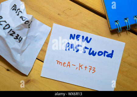Weak and Strong Password on sticky Notes isolated on office desk. Security concept Stock Photo