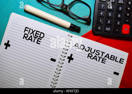 Fixed Rate and Adjustable Rate text on a book isolated on office desk. Stock Photo