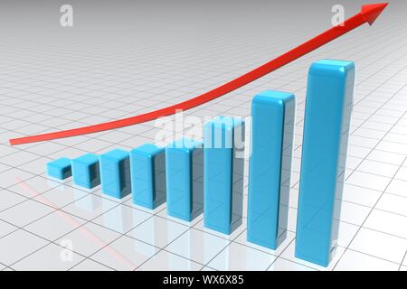 Illustrated bars building s statistic with an arrow above them Stock Photo